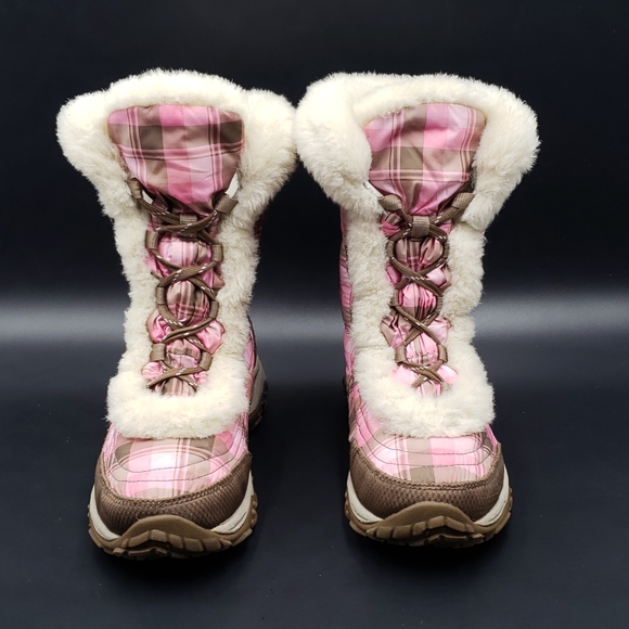 The North Face Nuptse Goose Down and Fur Winter Boots-Pink Plaid Girls Size 5 - Picture 6 of 12